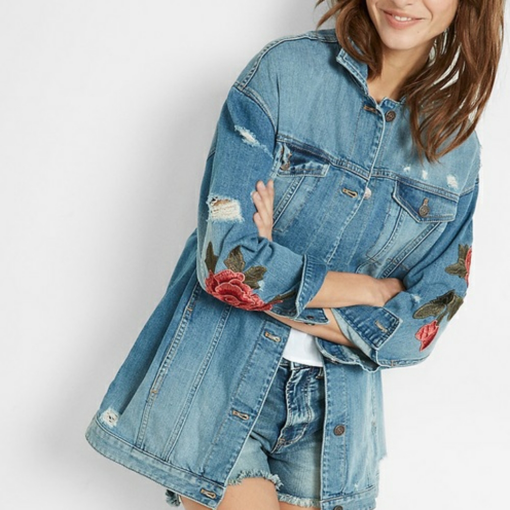 NWOT Express Denim Distressed Floral Jacket